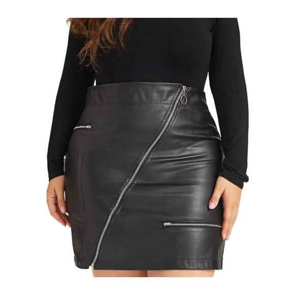 Faux Leather Mini Skirt With Zippers- Size 24 - Picture 3 of 7